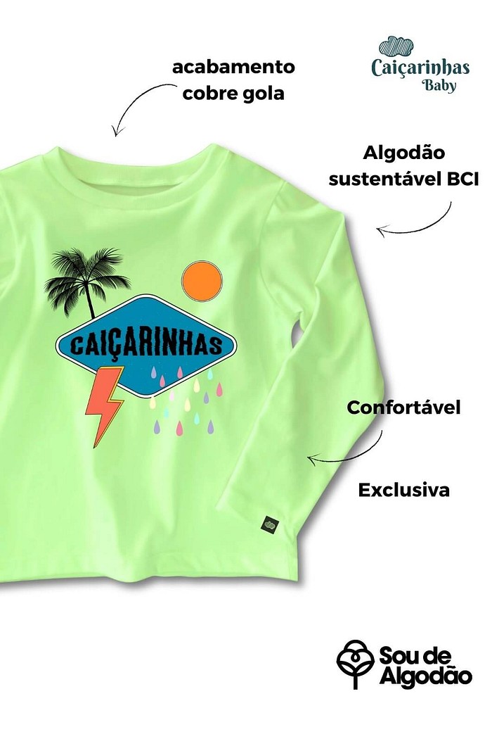 Camiseta Infantil Manga Longa Algodão Toque Macio Verde Claro Caicarinhas Estações