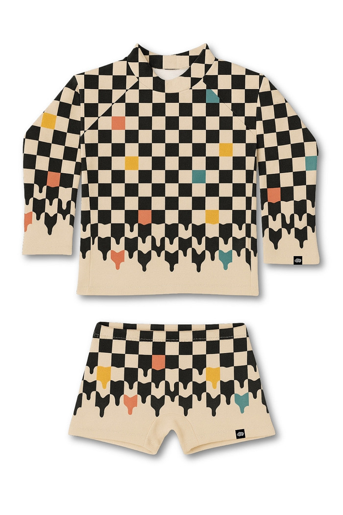 Camisa + Sunga Proteção UV50+ Confortável Off White e Preto Quadriculados