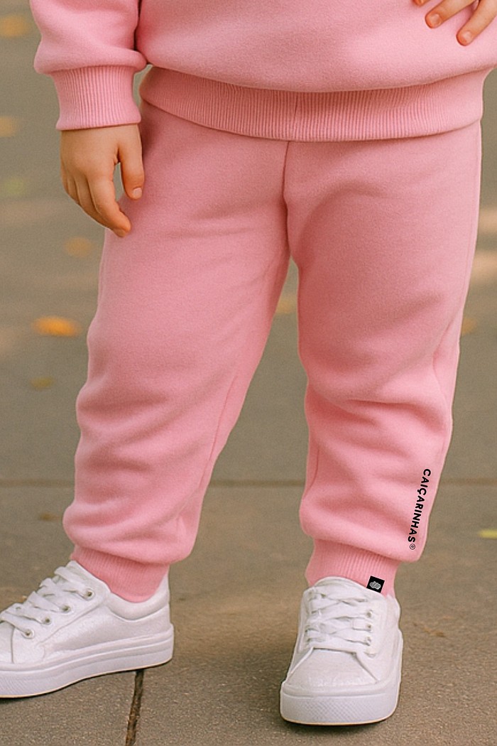 Calça Infantil Jogger Rosa Tutti Frutti Caiçarinhas com Ajuste na Cintura e Moletom Flanelado