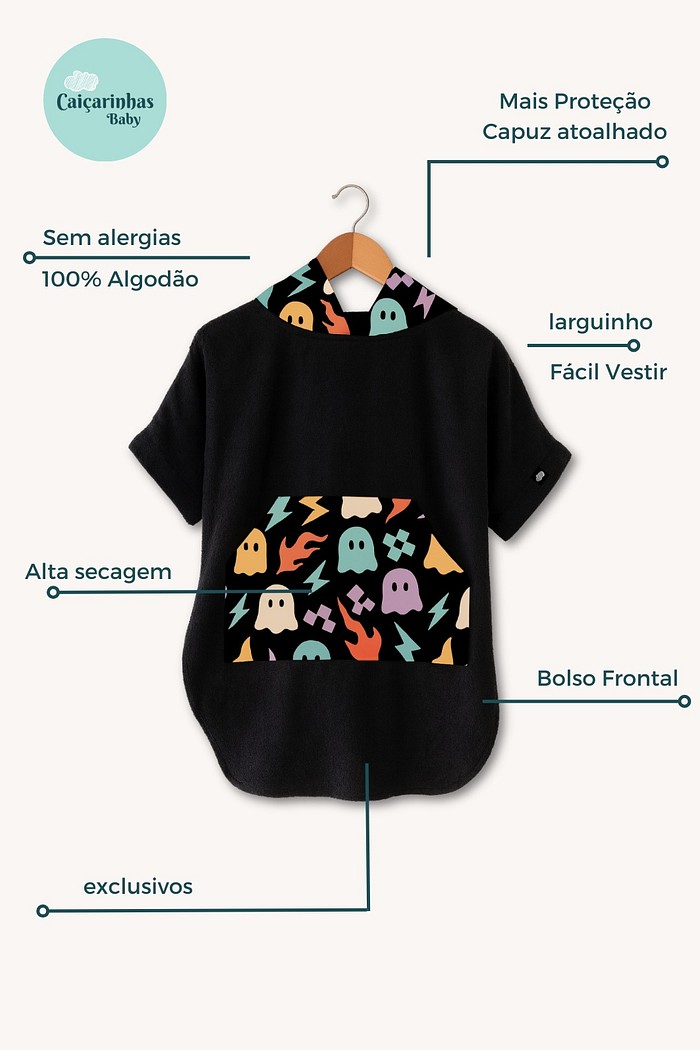 Roupão Poncho Infantil Com Capuz 100% Algodão Atoalhado Super Secagem Proteção UV50+ Preto Fantasminha