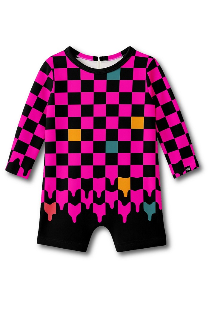 Macacão Praia Bebê Proteção Solar UV 50+ Manga Longa Rosa Quadriculados