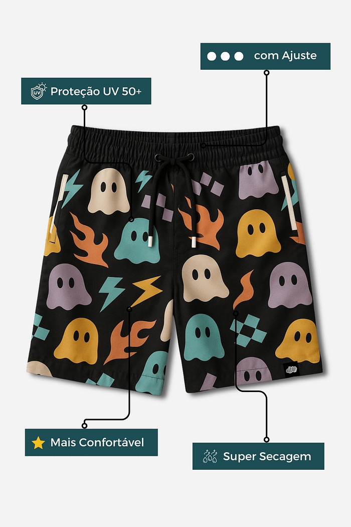 Short Infantil Tactel com ajuste na cintura UV 50+ Preto Fantasminhas