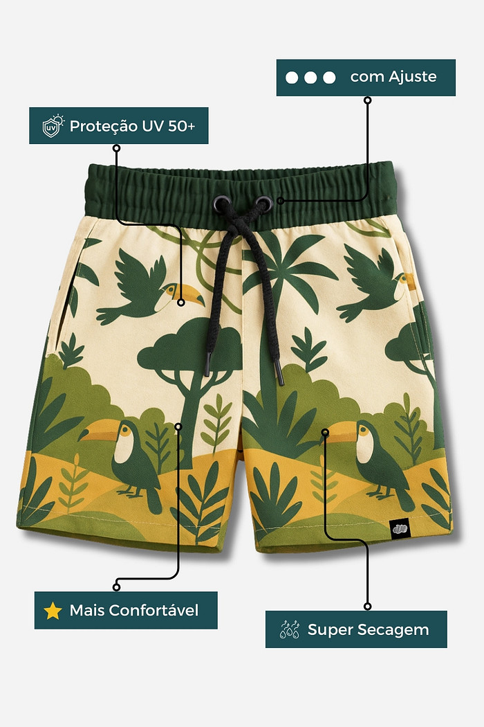 Short Infantil Tactel com ajuste na cintura UV 50+ Off White Selva
