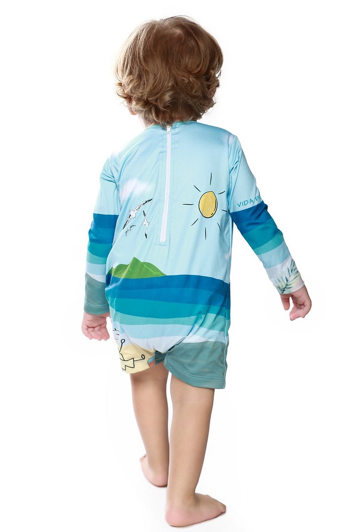 Macacão Praia Bebê Proteção Solar UV 50+ Manga Longa Azul Vida Praiana