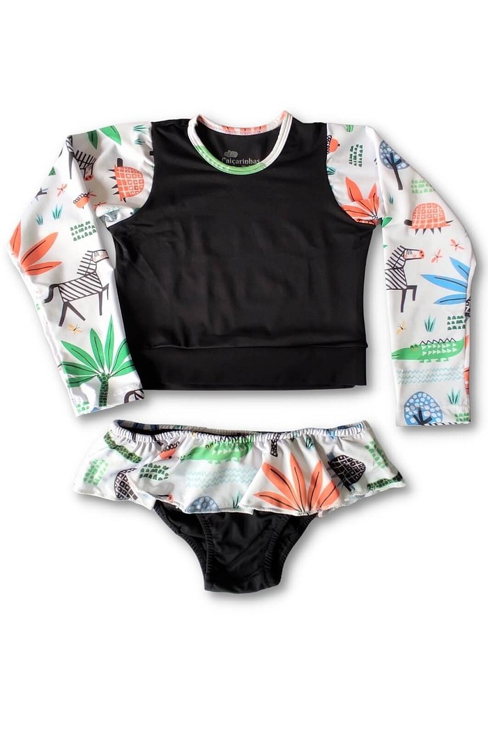 Biquíni Infantil Cropped Manga Longa Calcinha com Babadinho e Proteção Solar UV50+ Preto Safari