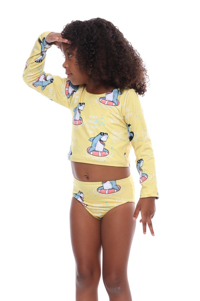 Biquíni Infantil Cropped Manga Longa e Calcinha Alta Proteção Solar UV50+ Amarelo Tuba Relax