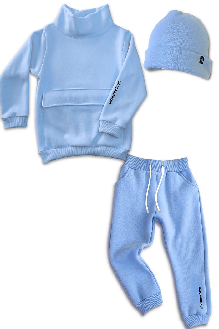 Look completo moletom azul casaco + calça + touca