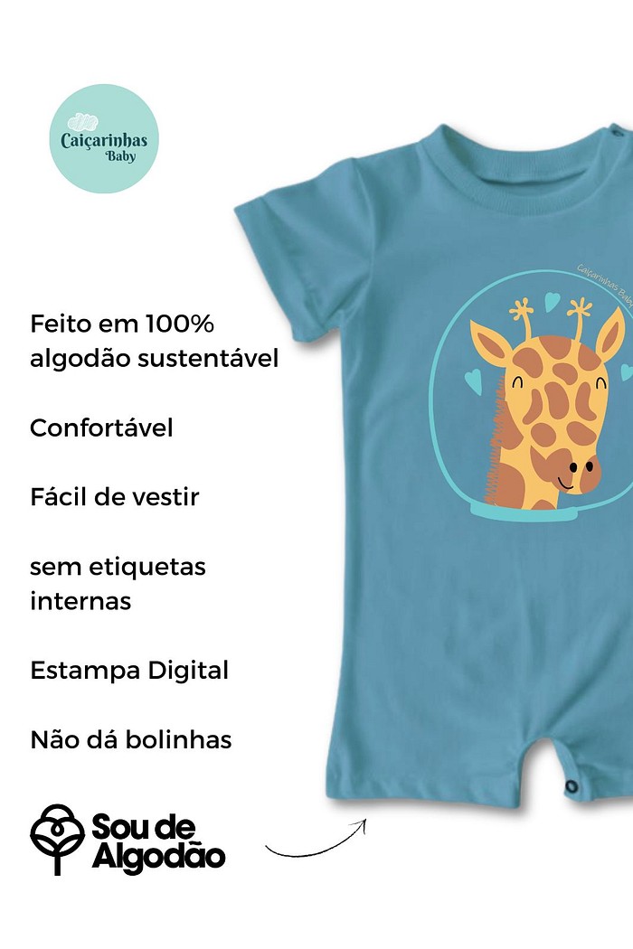 Macacão Bebê Curto Manga Curta Azul Girafa