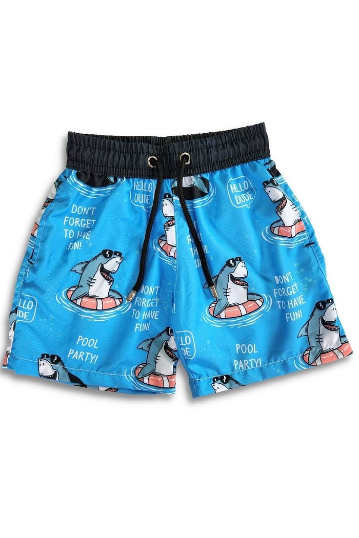 Short Infantil Tactel de banho com ajuste na cintura e proteção UV 50+ Azul Tubarão Relax