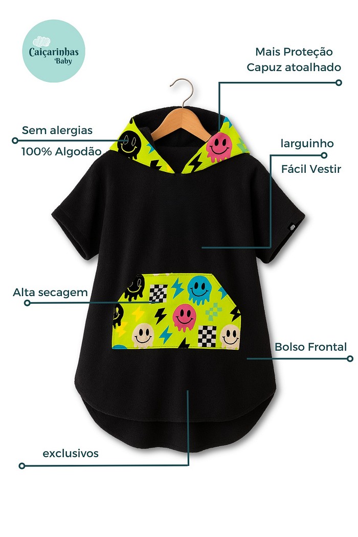 Roupão Poncho Infantil Com Capuz 100% Algodão Atoalhado Super Secagem Proteção UV50+ Preto com Verde Smiles