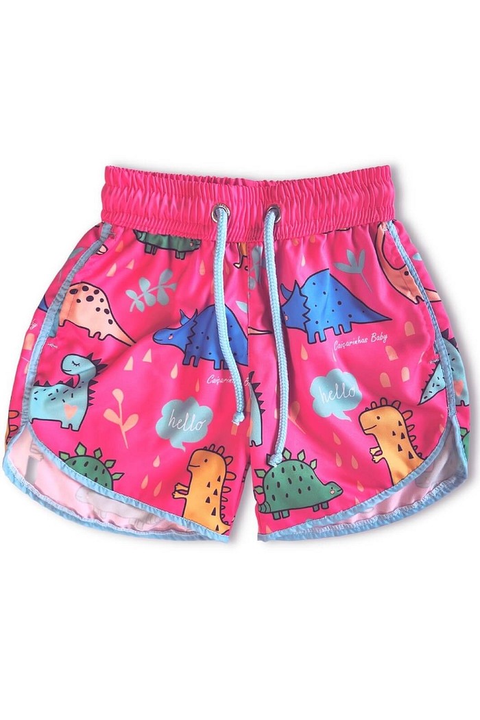 Short Infantil Tactel curto de banho com ajuste na cintura e Proteção UV 50+ Rosa Dinossauros