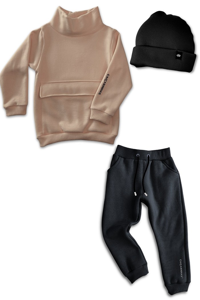 Kit Moletom casaco + calça + touca Camelo e preto