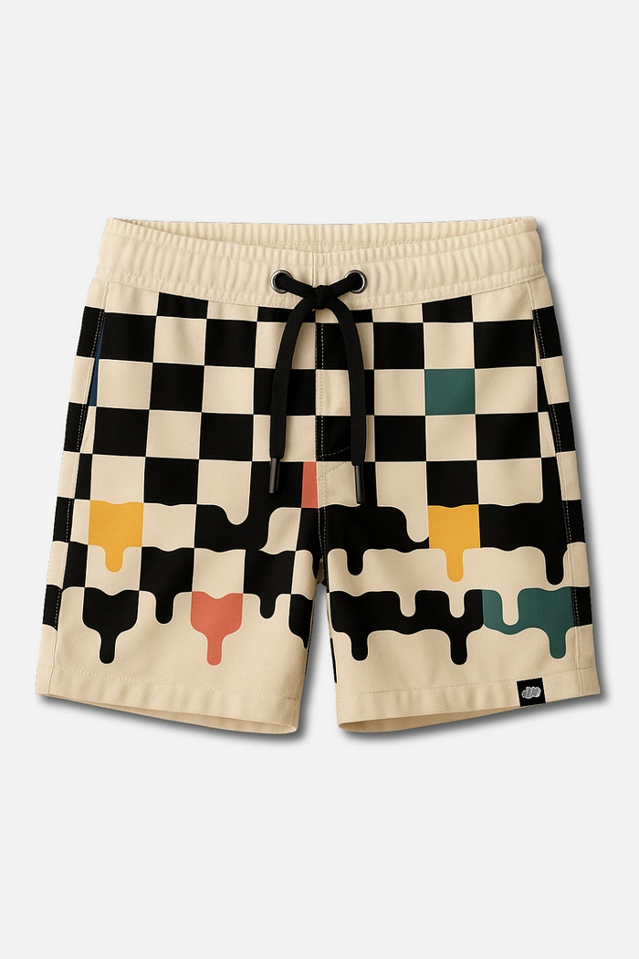 Short Infantil Tactel com ajuste na cintura UV 50+ Off White e Preto Quadriculados