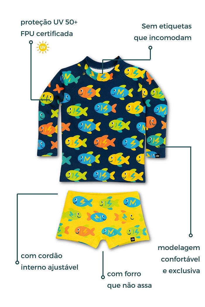 Kit Peixinhos Menino Menina Camiseta e Sunga + Maiô Proteção Solar UV50+