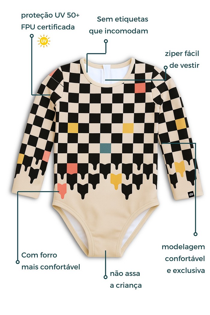 Maiô Manga Longa Proteção UV50+ Confortável Off White com Preto