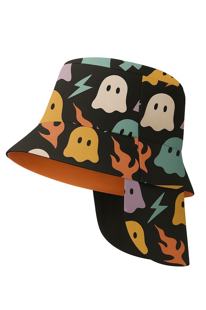 Chapéu infantil Proteção Solar UV 50+ Dupla Face Ajustável Preto Fantasminhas