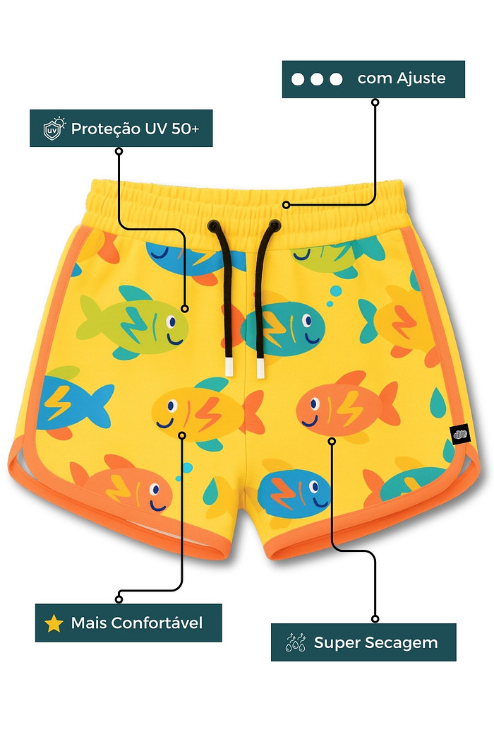 Short Infantil Boleado Tactel com ajuste na cintura UV 50+o Amarelo Peixinhos