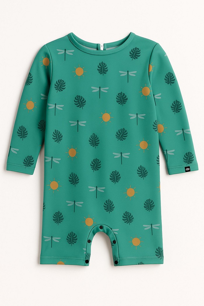 Macacão Praia Bebê Proteção Solar UV 50+ Manga Longa Verde Libélulas