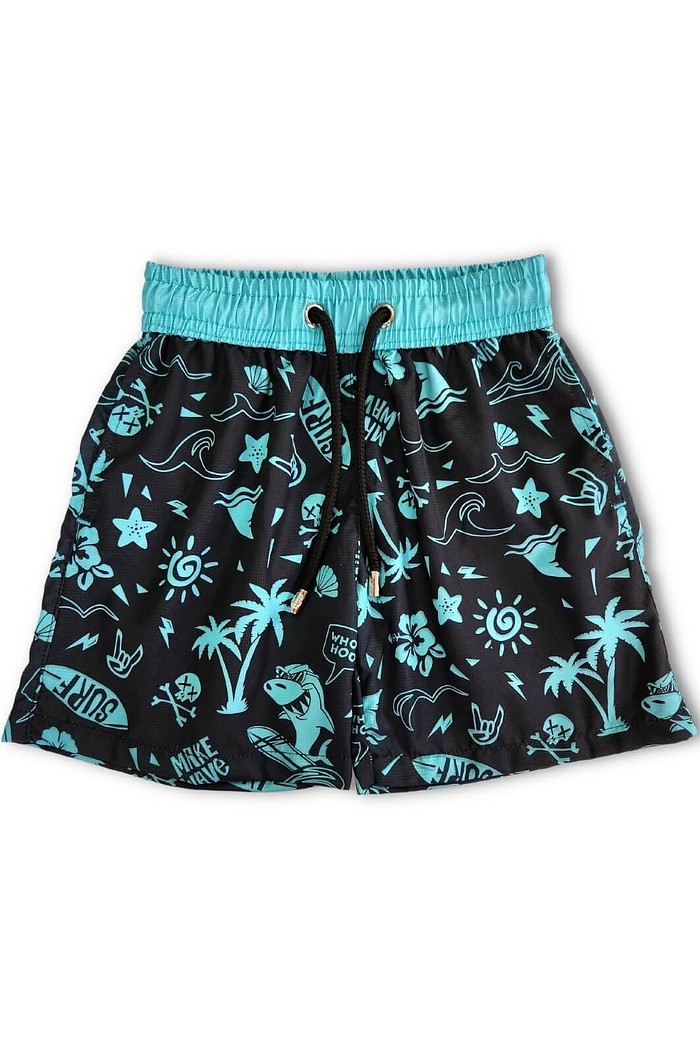 Short Infantil Tactel de banho com ajuste na cintura e proteção UV 50+ Preto Praia e Sol