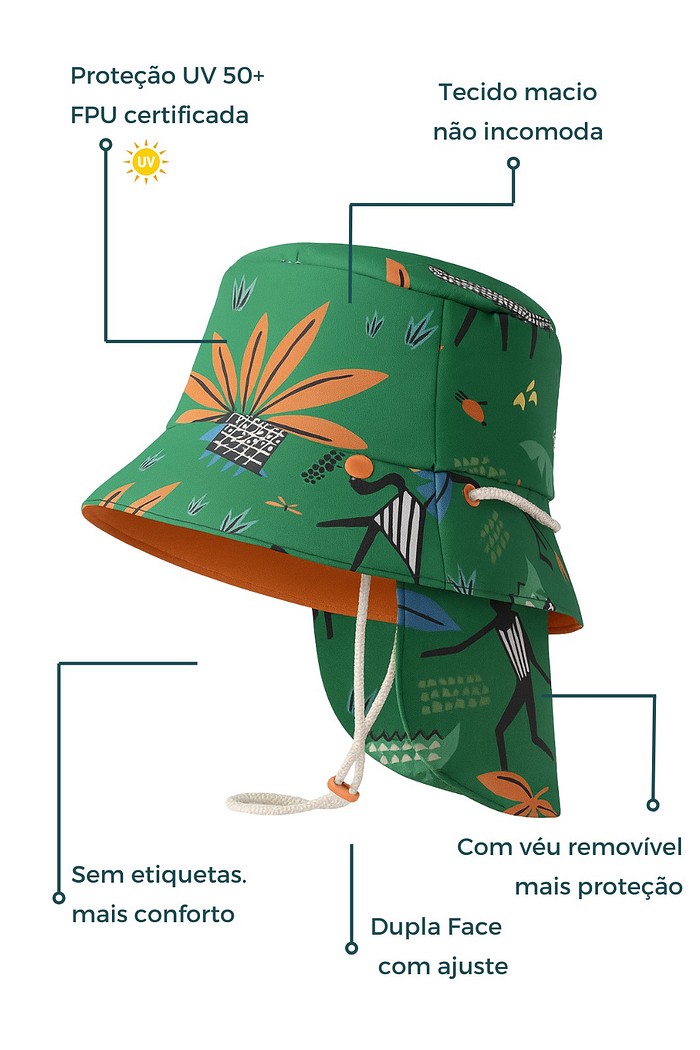 Chapéu infantil Proteção Solar UV 50+ Dupla Face Ajustável Verde Safari