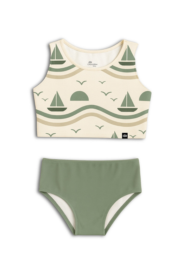 Cropped Regata e Calcinha Alta Proteção UV50+ Off White Barquinhos