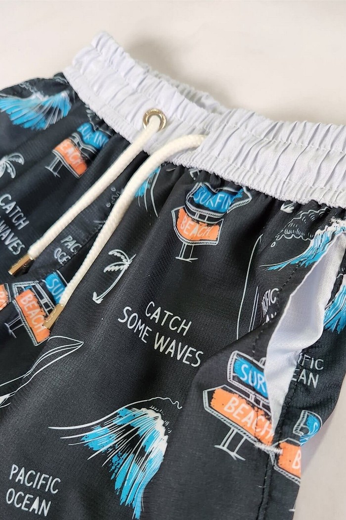 Short Infantil Tactel de banho com ajuste na cintura e proteção UV 50+ Preto Catch Some Waves