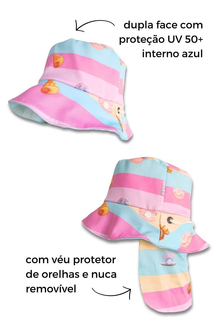 Chapéu infantil Proteção Solar UV 50+ Dupla Face Praia e Piscina Rosa Conchinhas