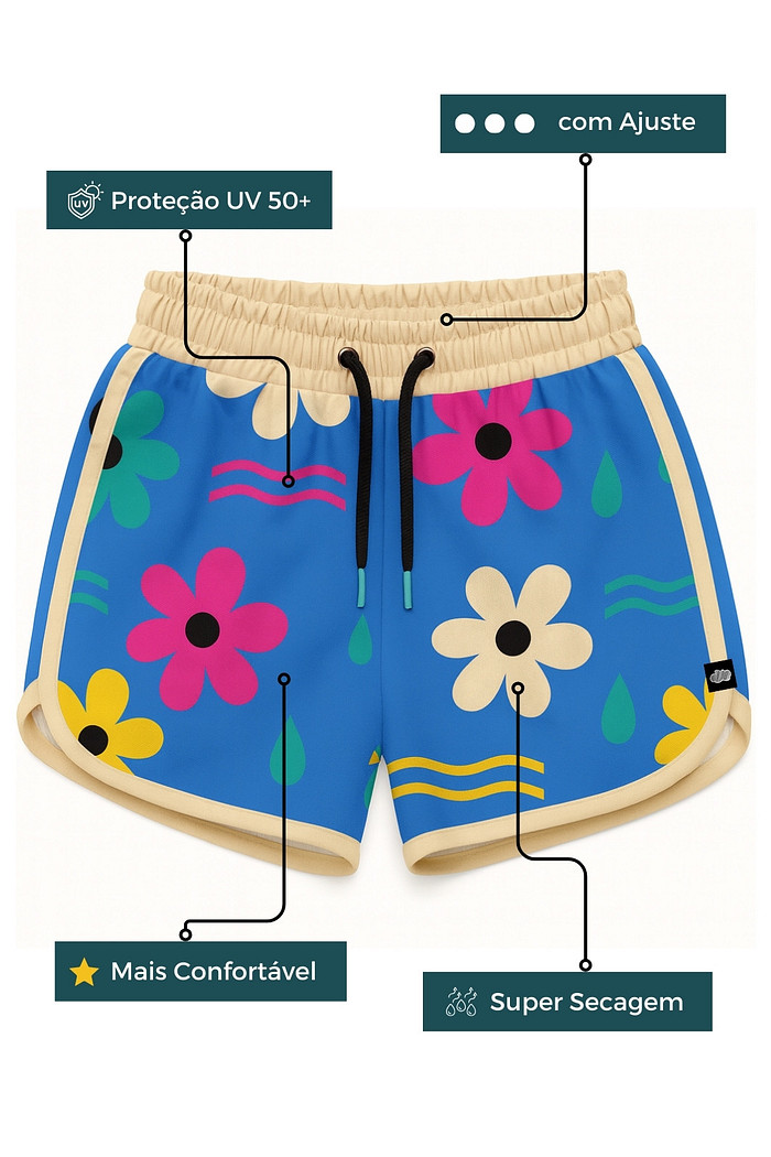 Short Infantil Boleado Tactel com ajuste na cintura UV 50+ Azul Dona Flor