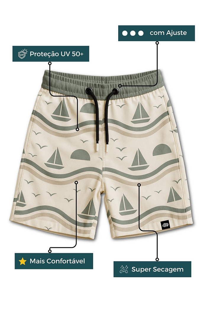 Short Infantil Tactel com ajuste na cintura UV 50+ Off White Barquinhos