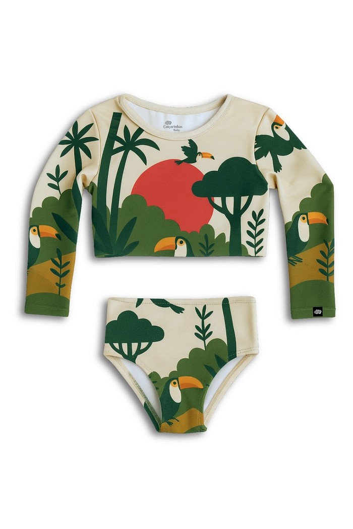 Cropped Manga Longa e Calcinha Alta Proteção UV50+ Off White Selva