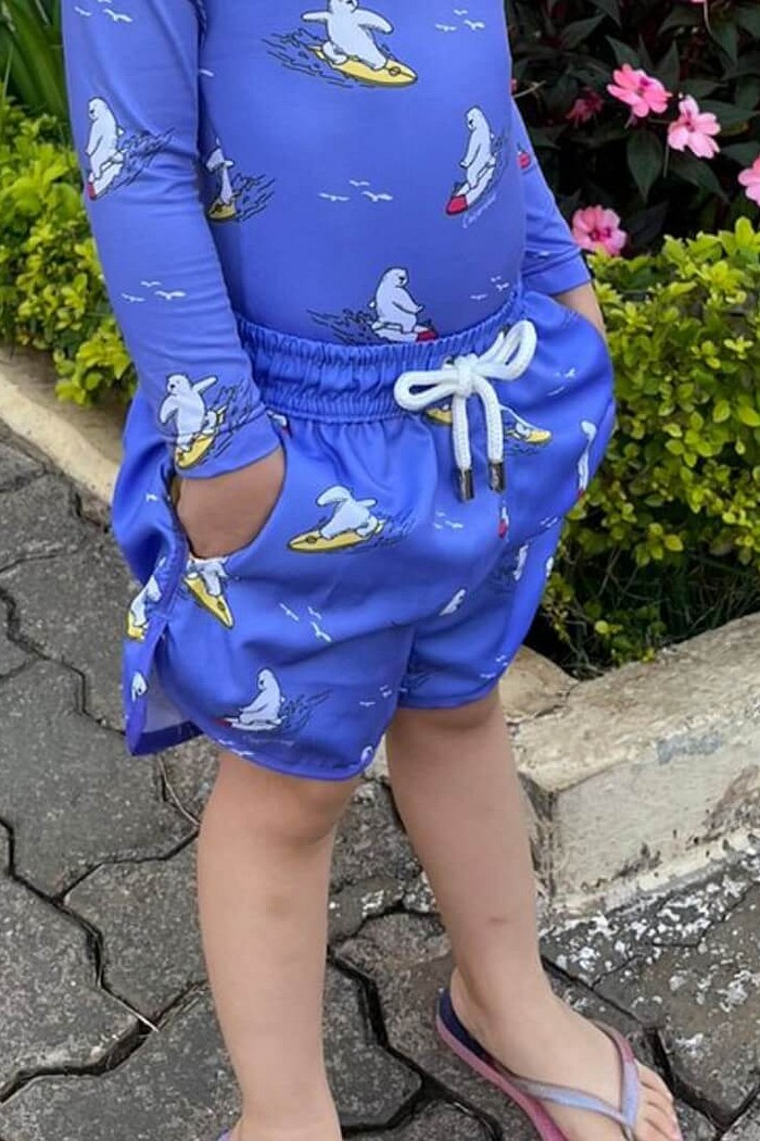 Short Infantil Tactel curto de banho com ajuste na cintura e Proteção UV 50+ Roxo Urso