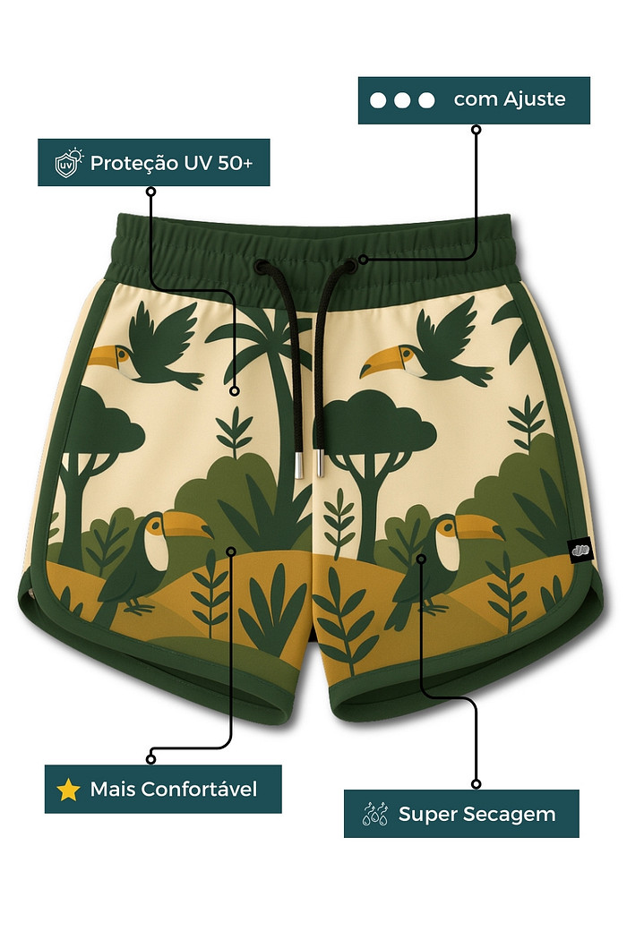 Short Infantil Boleado Tactel com ajuste na cintura UV 50+ Curto Off White Selva