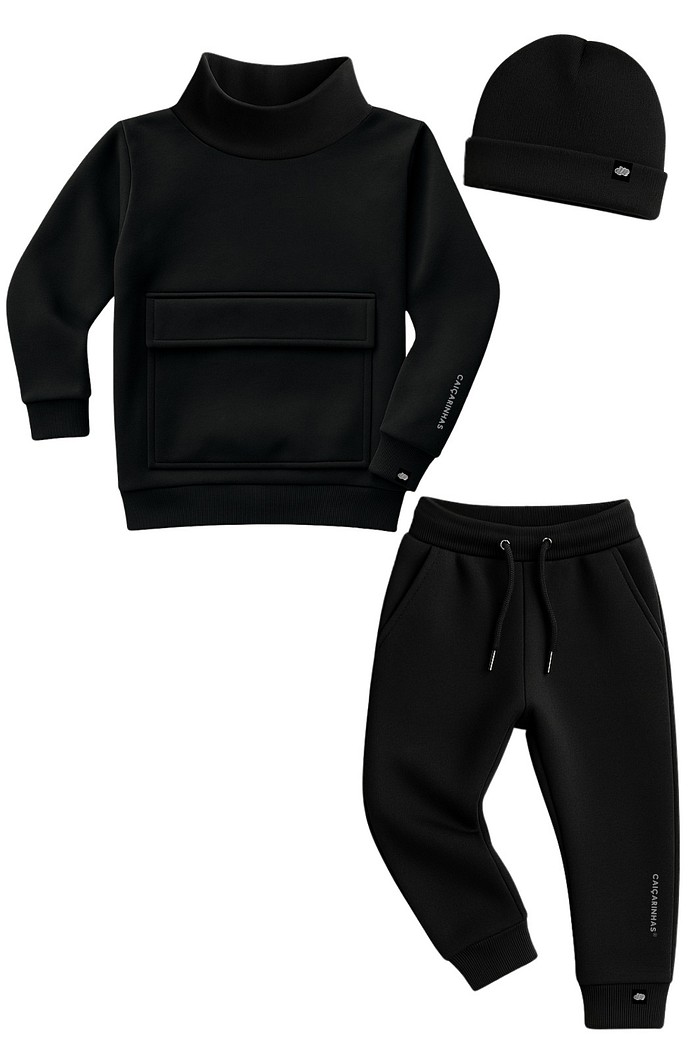 Kit Completo Preto Casaco + Calça + Touca em Moletom quentinho e confortável