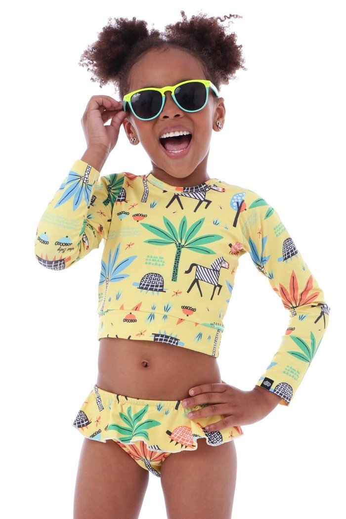 Biquíni Infantil Cropped Manga Longa Calcinha com Babadinho e Proteção Solar UV50+ Amarelo Safari