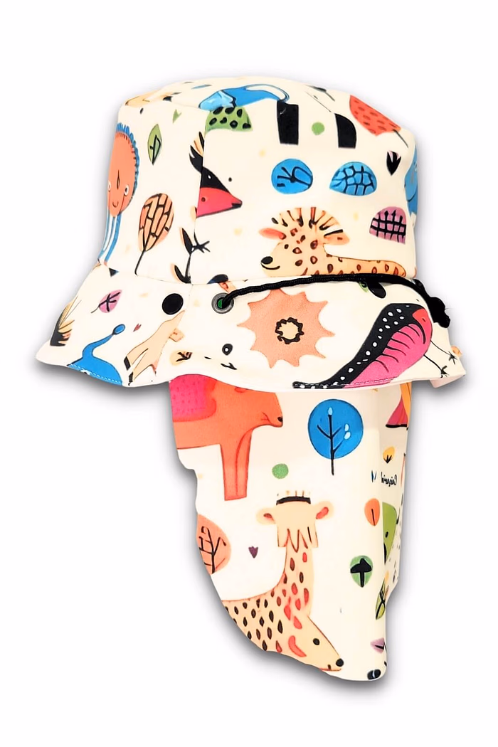 Chapéu infantil Proteção Solar UV 50+ Dupla Face Praia e Piscina Off White Animais