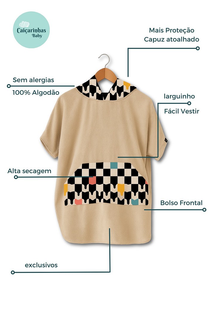 Roupão Poncho Infantil Com Capuz 100% Algodão Atoalhado Super Secagem Proteção UV50+ Areia e Preto Quadriculados