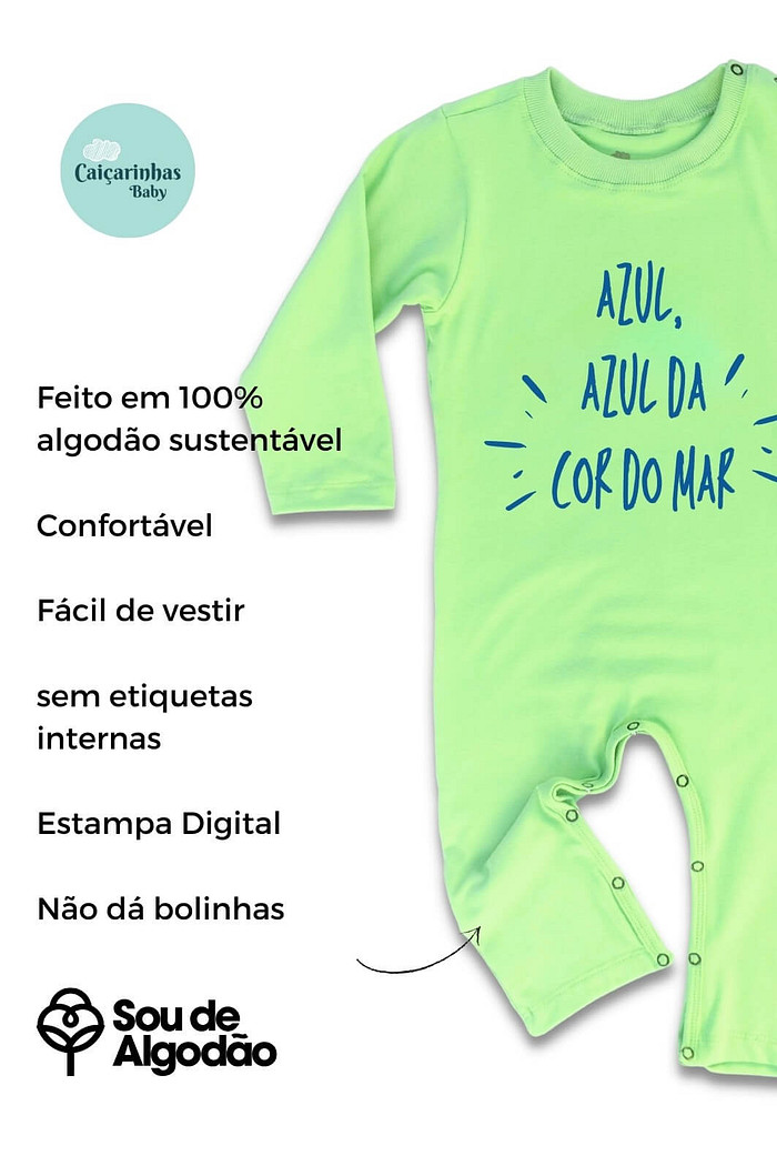 Macacão Bebê Longo Manga Longa Verde Claro "Azul da Cor do Mar"