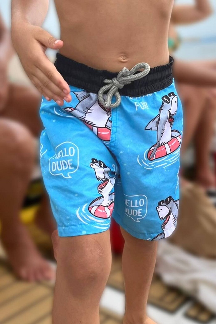 Short Infantil Tactel de banho com ajuste na cintura e proteção UV 50+ Azul Tubarão Relax