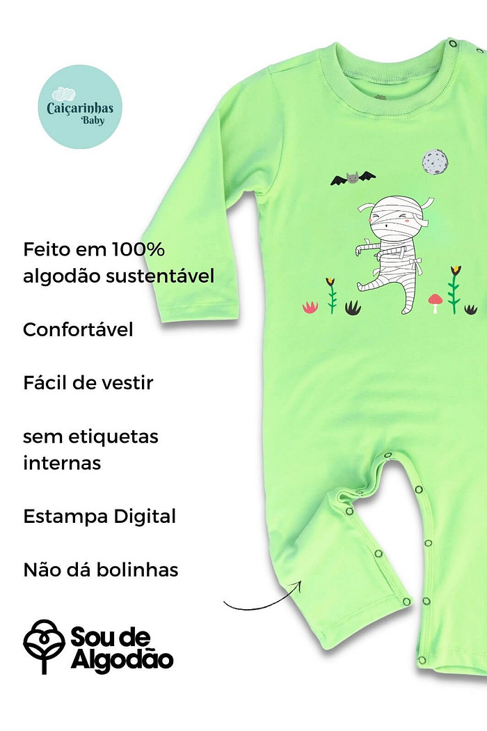 Macacão Bebê Longo Manga Longa Verde Claro Múmia no Jardim