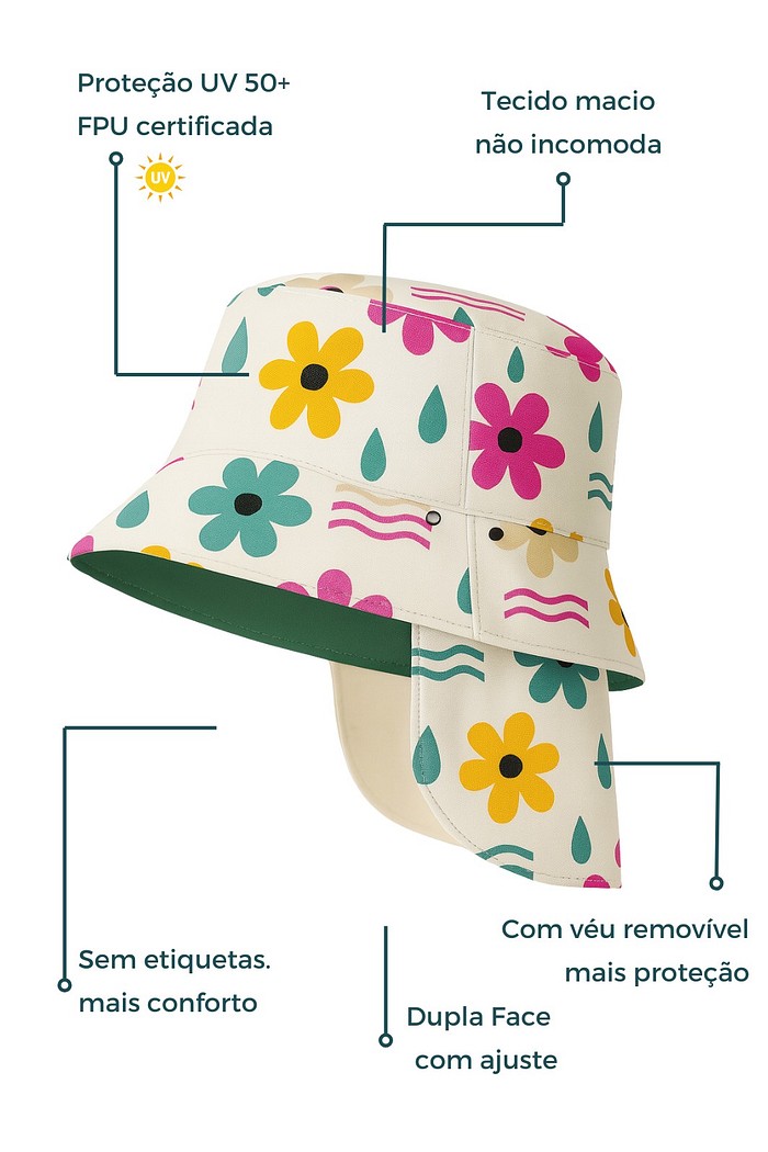 Chapéu infantil Proteção Solar UV 50+ Dupla Face Ajustável Off White Dona Flor