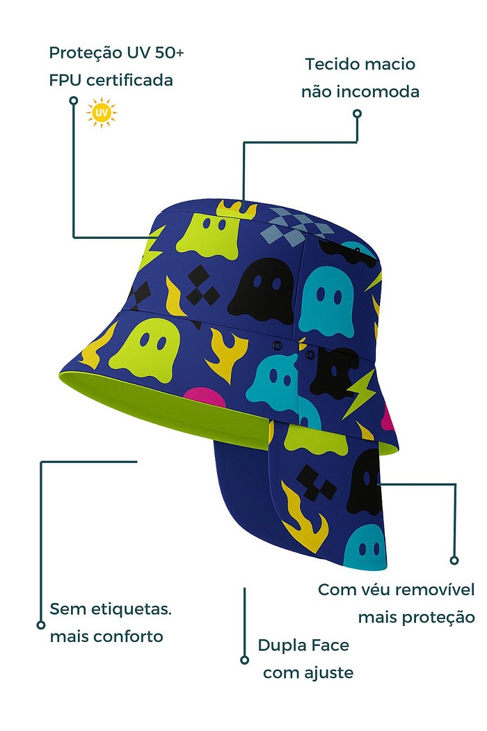Chapéu infantil Proteção Solar UV 50+ Dupla Face Ajustável Azul Fantasminhas