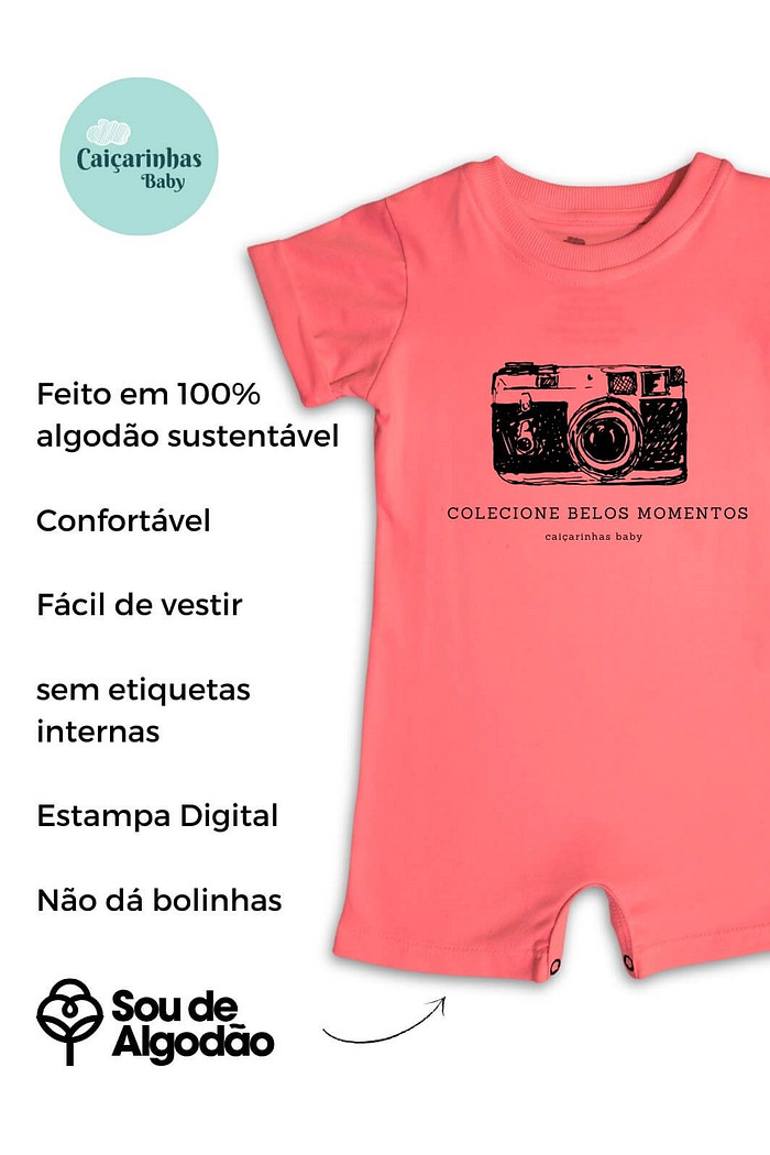 Macacão Bebê Curto Manga Curta Laranja Colecione Belos Momentos