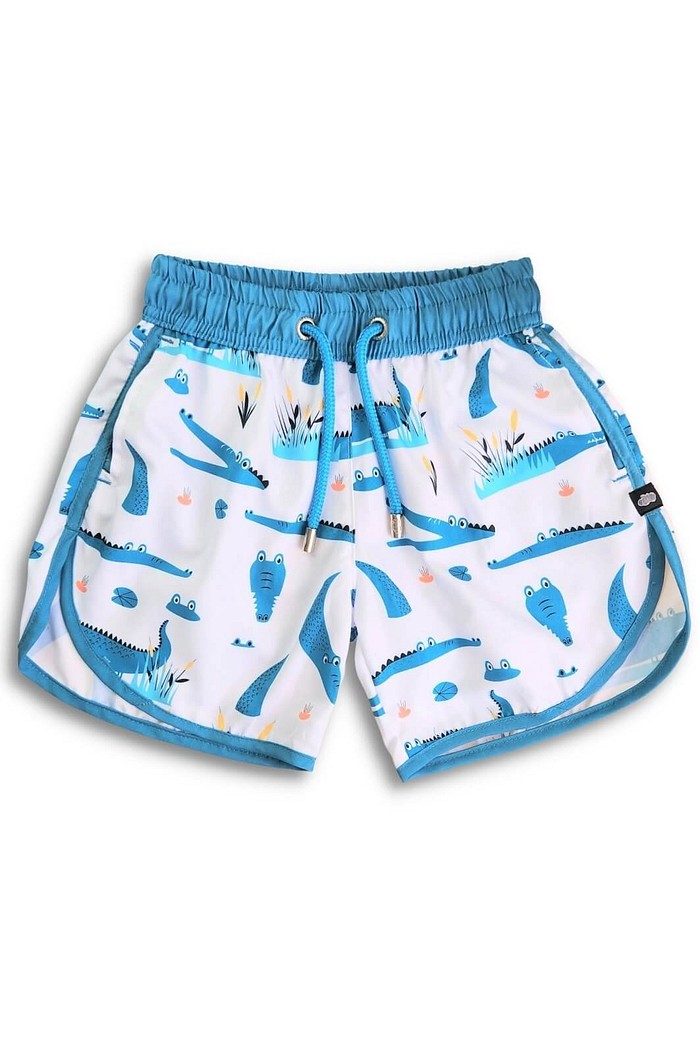 Short Infantil Tactel curto de banho com ajuste na cintura e Proteção UV 50+ Branco Jacaré