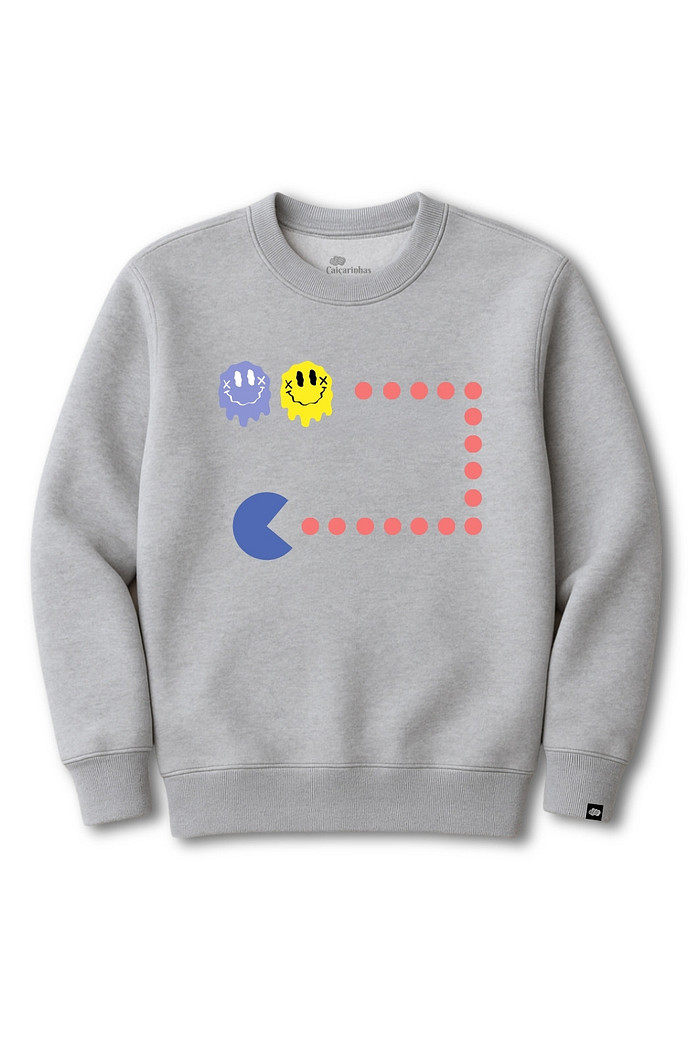 Blusão Infantil Moletom Felpado Cinza Pac Man