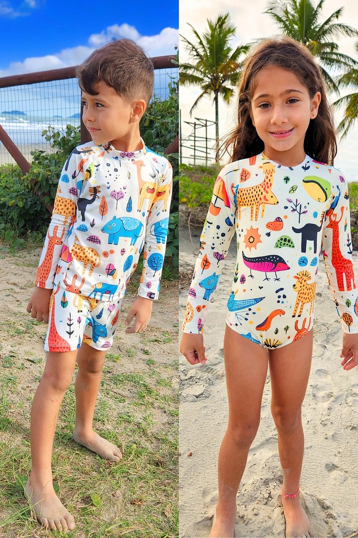 Kit Menino Menina Proteção Solar UV50+ Conjunto de Camiseta e Sunga e Maiô Animais Abstratos Off White