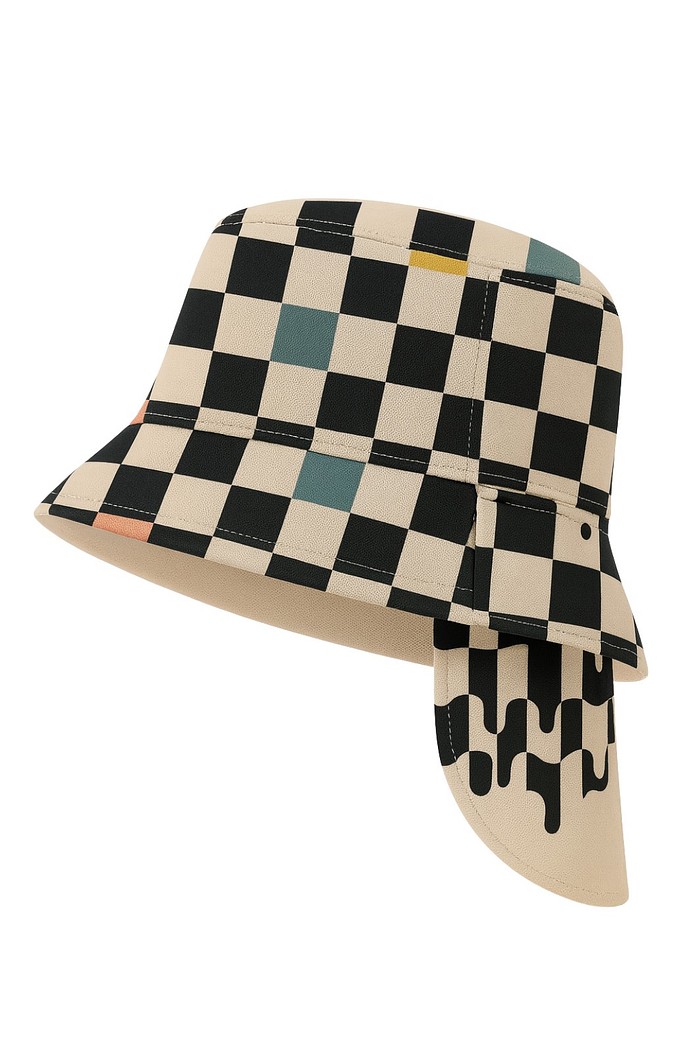 Chapéu infantil Proteção Solar UV 50+ Dupla Face Ajustável Off White e Preto Quadriculado