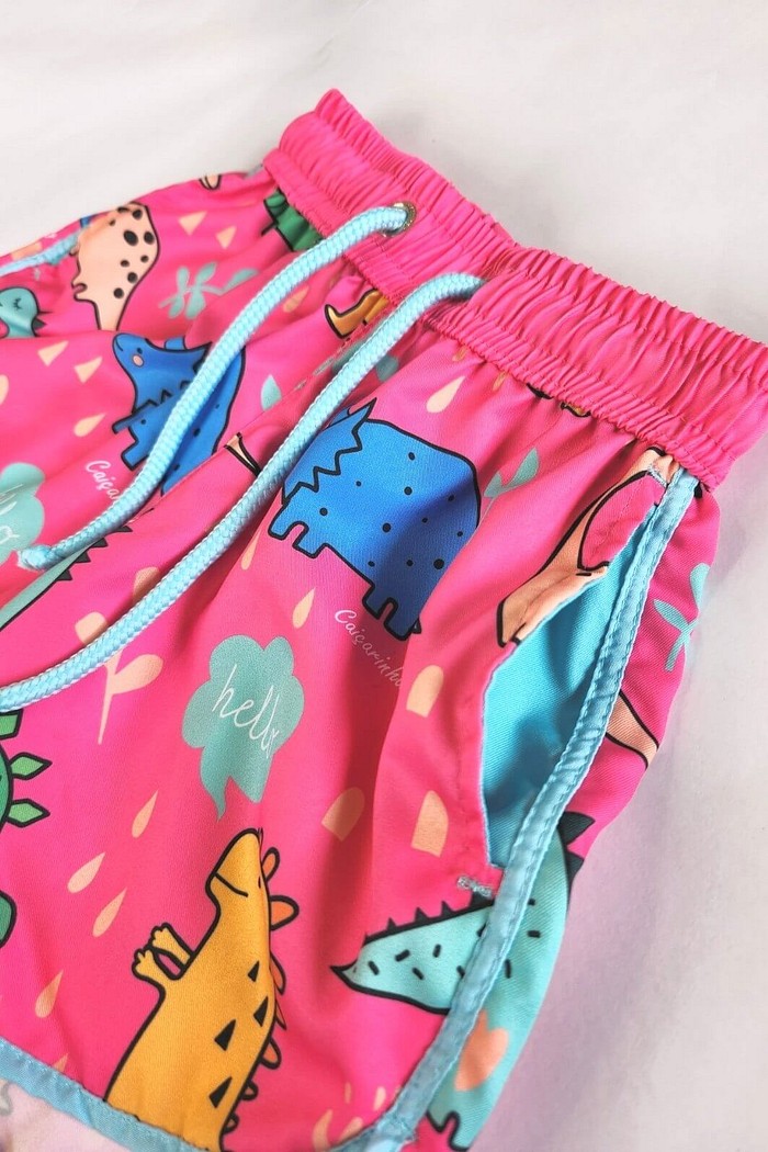 Short Infantil Tactel curto de banho com ajuste na cintura e Proteção UV 50+ Rosa Dinossauros