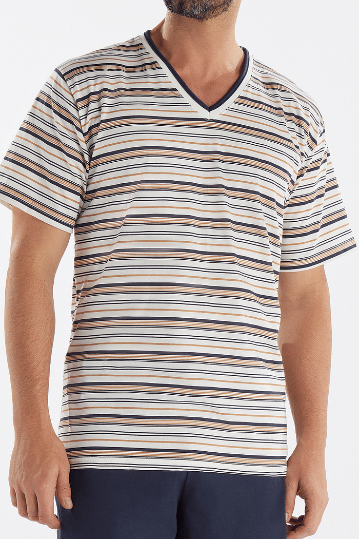 PIJAMA MEIA MANGA EM MALHA ROTATIVA COM BERMUDA EM MEIA MALHA MASCULINO 