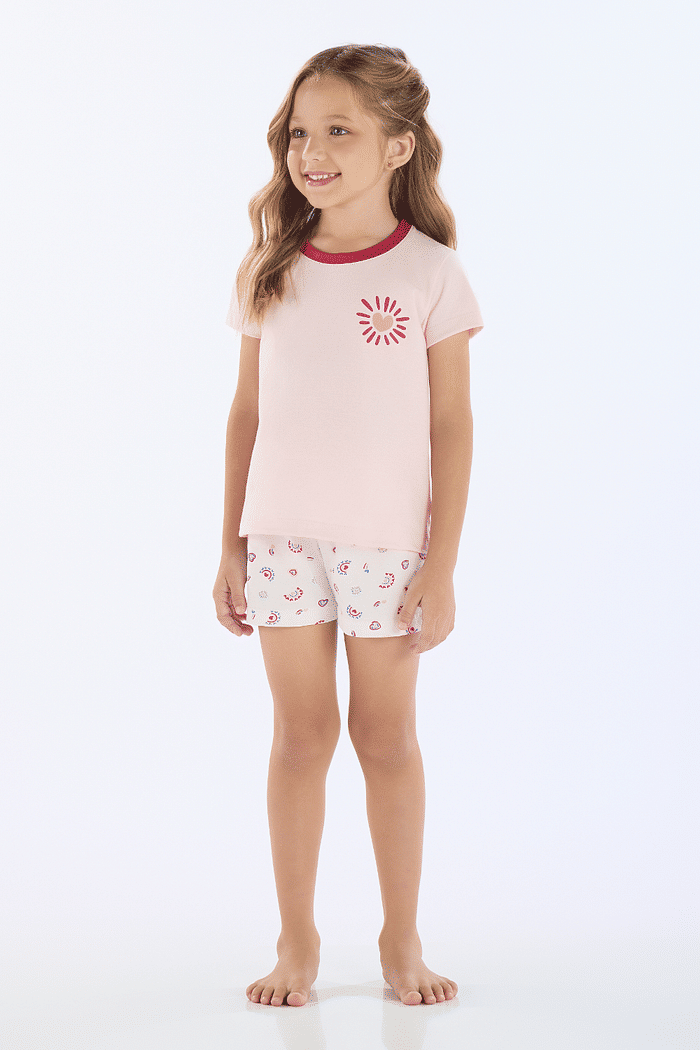 PIJAMA MEIA MANGA EM MEIA MALHA COM SHORTS EM MALHA ROTATIVA FEMININO 