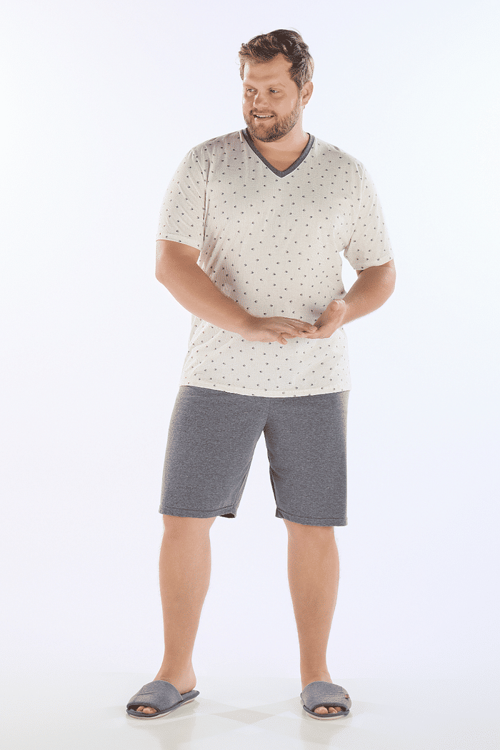 PIJAMA MEIA MANGA EM MALHA ROTATIVA COM BERMUDA EM MEIA MALHA MASCULINO